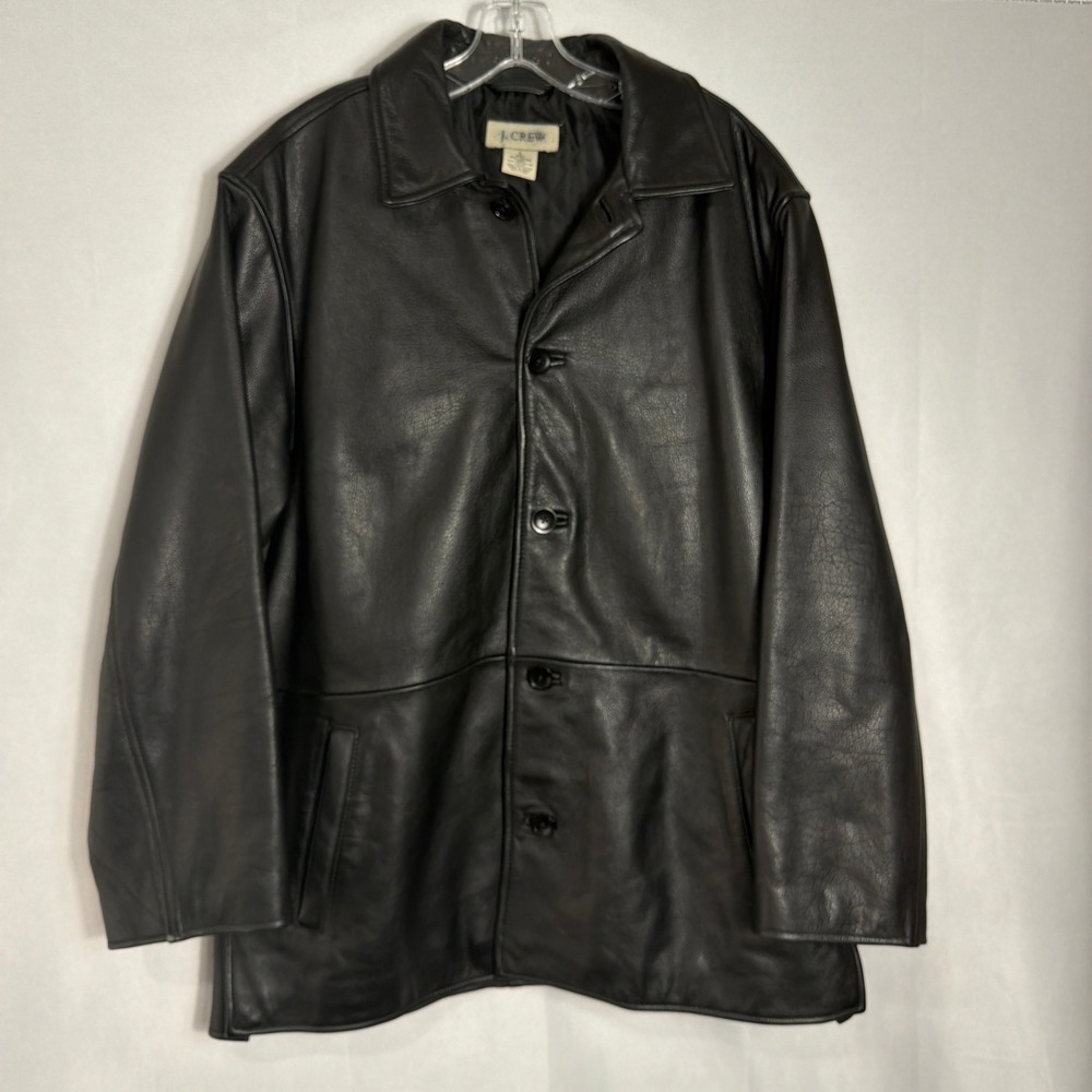 J.Crew Leather Car Coat Large Quilted Lining Button Front Black Mens Jacket